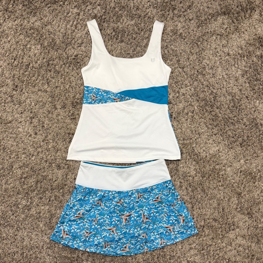EleVen by Venus Williams Womens Tennis Set Tank Top and Skort Blue Crane Print S
